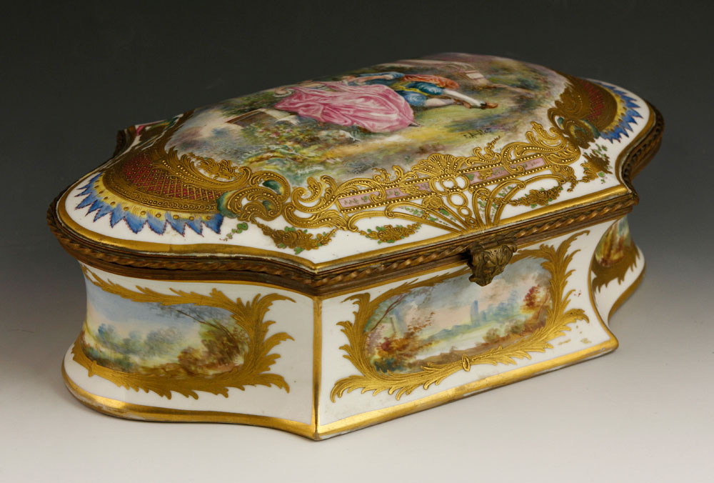 Appraisal: - French Porcelain Bijoux Box French bijoux box porcelain rounded