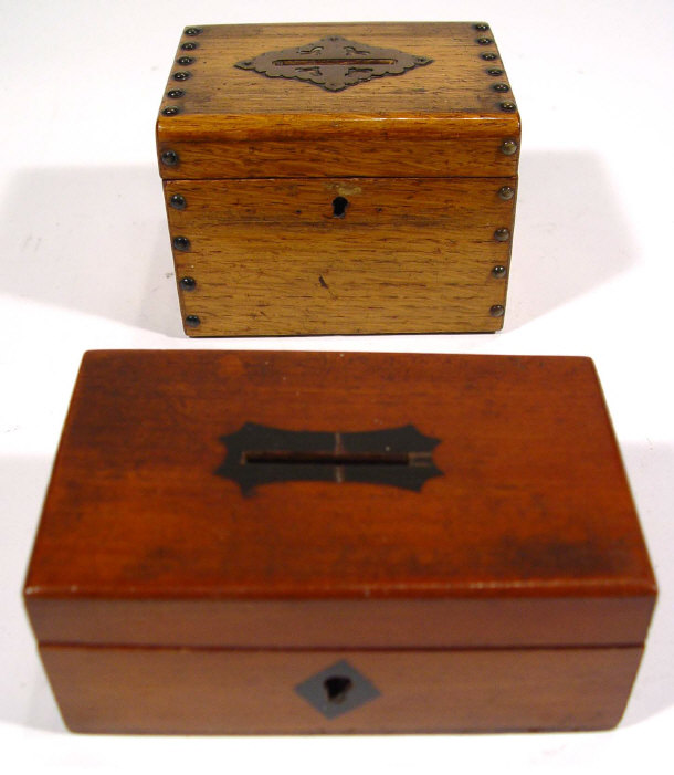 Appraisal: Two rectangular coin boxes one mahogany one oak largest cm