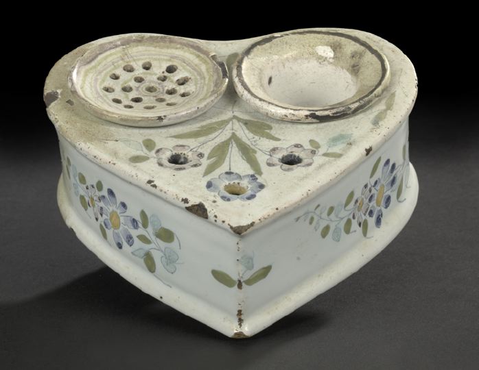 Appraisal: French Provincial Polychromed Faience Cardioform Encrier fourth quarter th century