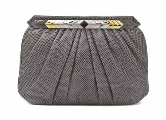 Appraisal: A Judith Leiber Gray Lizardskin Evening Clutch with silvertone goldtone