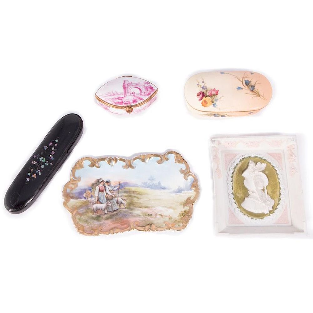 Appraisal: Five Decorative Accessories Porcelains and Papier Mach Royal Worcester Dresser