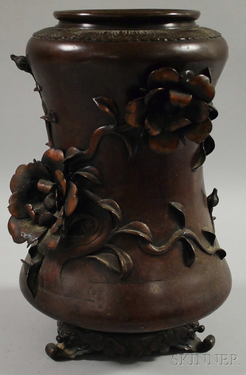 Appraisal: Chinese Bronze Footed Vase Ornamented with Flowers and Vines in