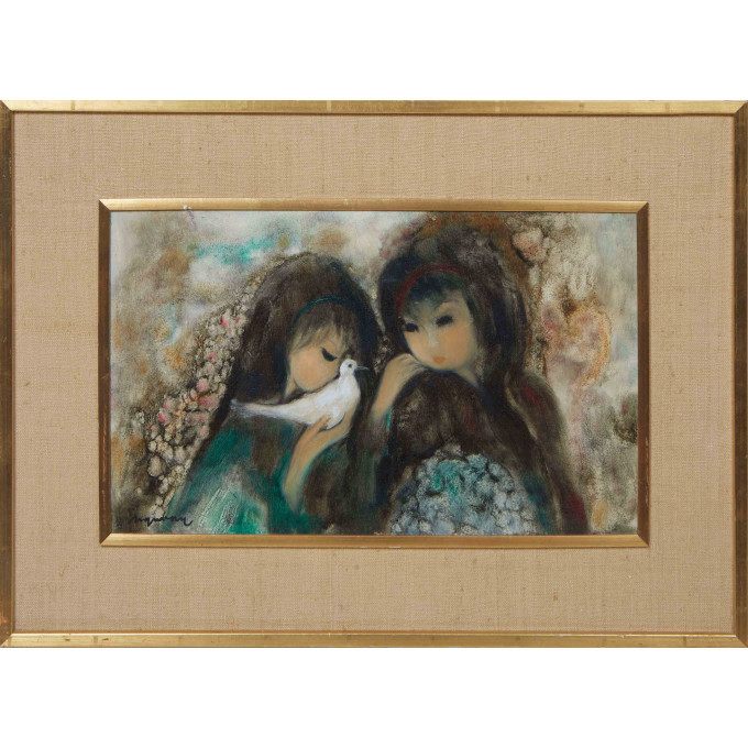 Appraisal: Asian School Two Girls and Dove th c oil on