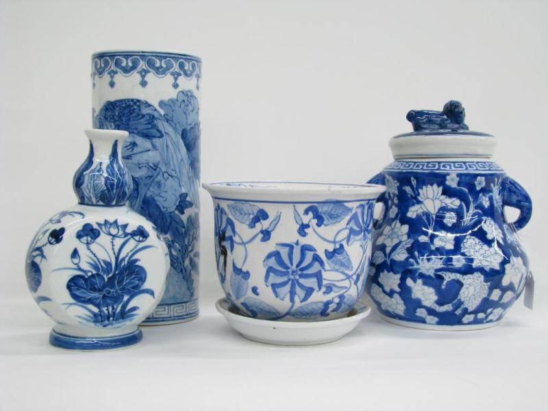 Appraisal: Group of Asian blue on white porcelain including '' cylinder