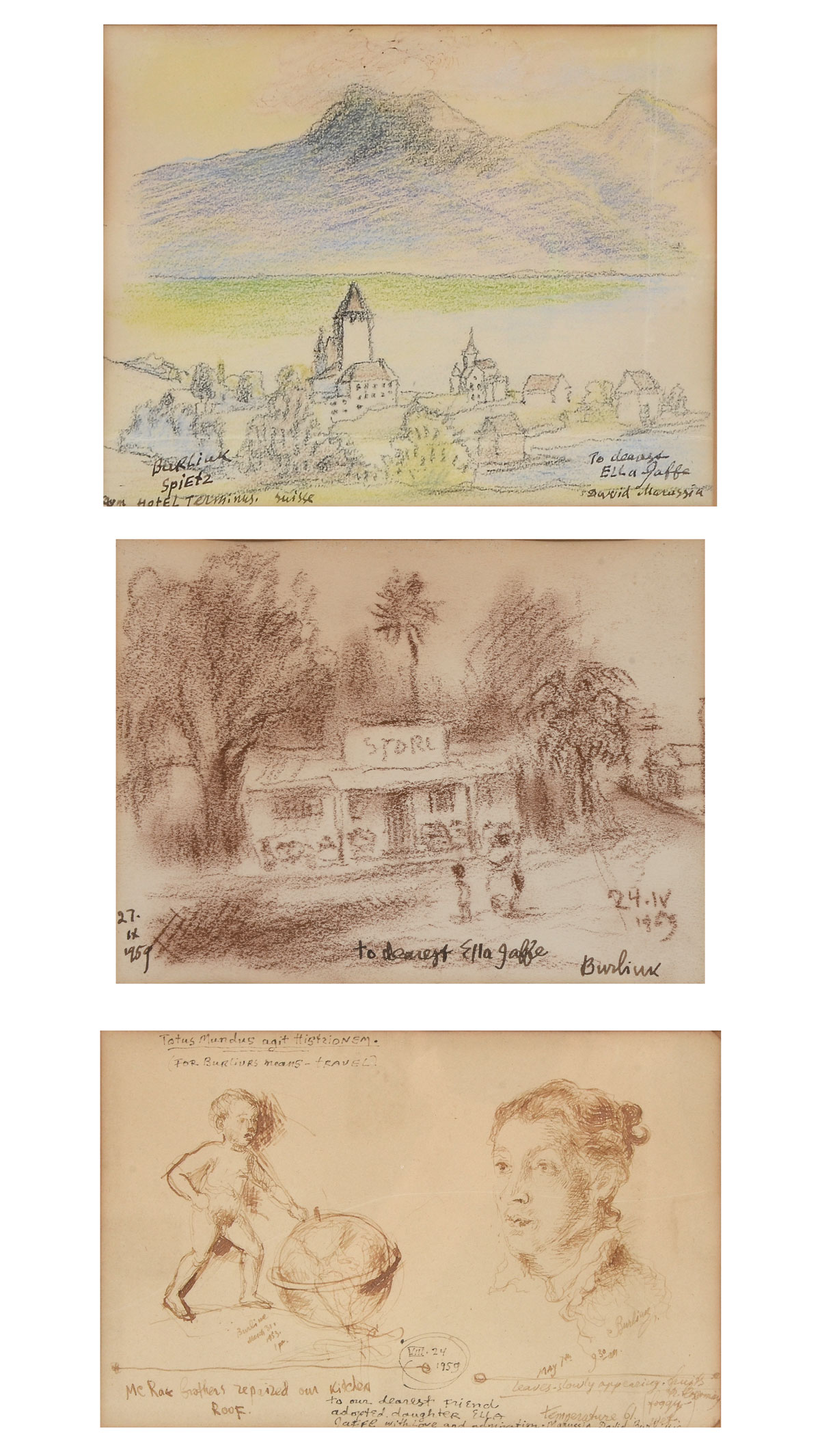 Appraisal: THREE DAVID BURLIUK ARTWORKS A Travel Sketch Inscribed to Our