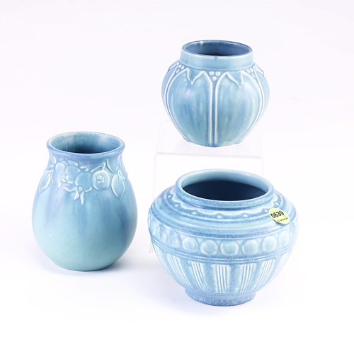 Appraisal: ROOKWOOD Three Production vessels in blue and turquoise matte glaze