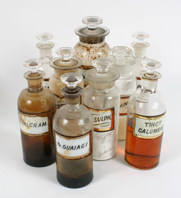 Appraisal: Lot of Pharmacy apothecary bottles with glass label and stoppers