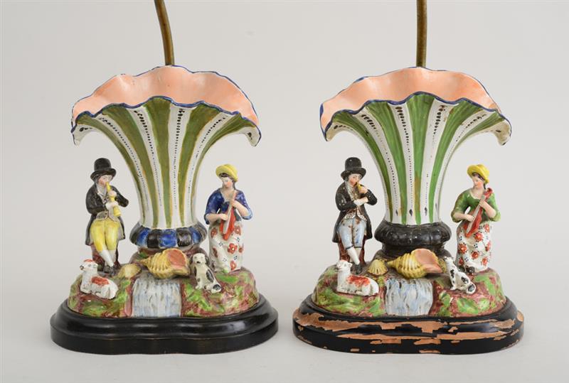 Appraisal: PAIR OF STAFFORDSHIRE PEARLWARE GROUPS MOUNTED AS LAMPS Each modeled