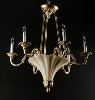 Appraisal: Carved alabaster Carved alabaster chandelier with six gilded metal arms