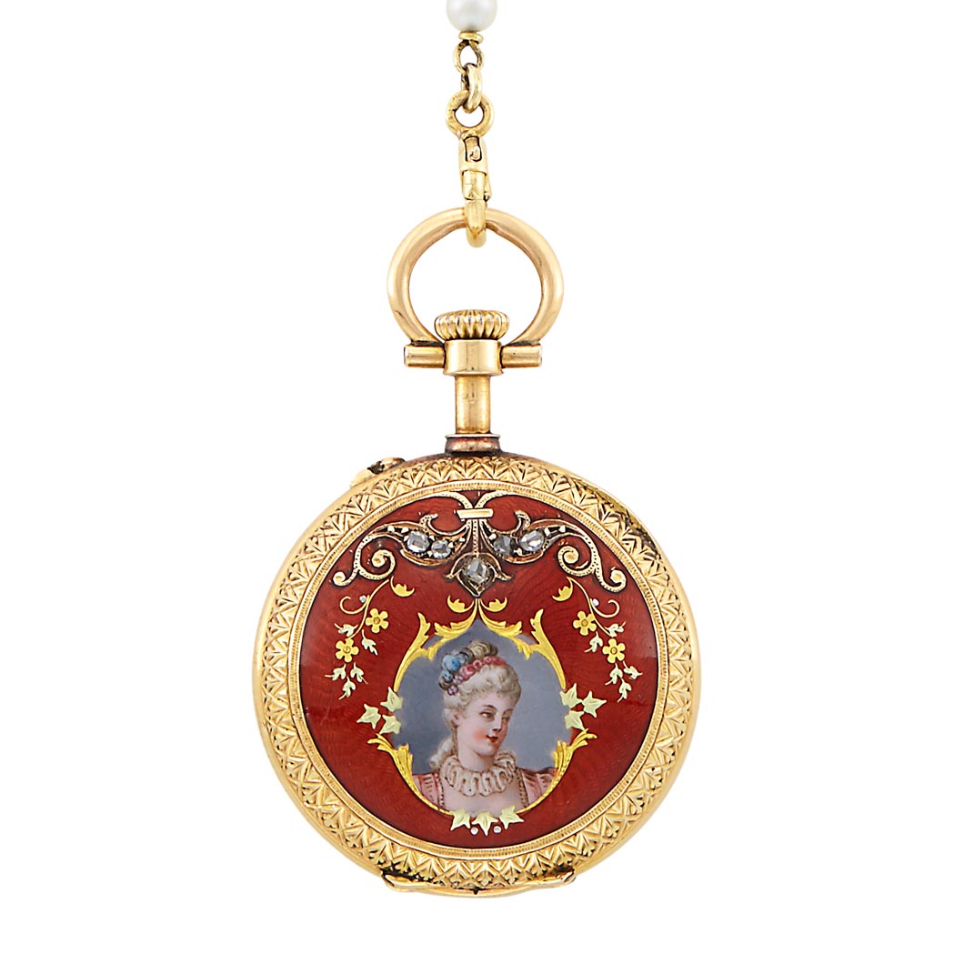 Appraisal: Antique Gold Enamel Portrait Miniature and Seed Pearl Pendant-Watch Necklace