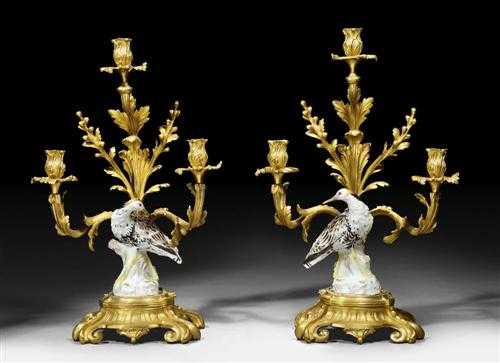 Appraisal: PAIR OF CANDELABRAS WITH PORCELAIN BIRDS Louis XV style the