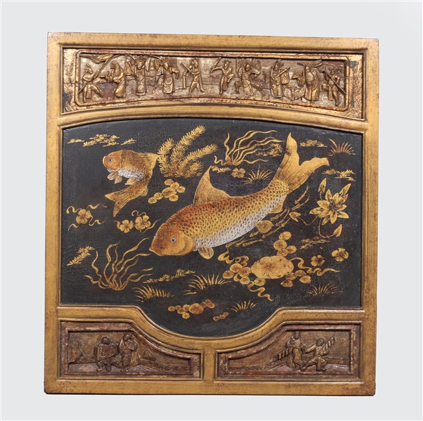 Appraisal: Carved Chinese gilded panel with center hand painted trout in