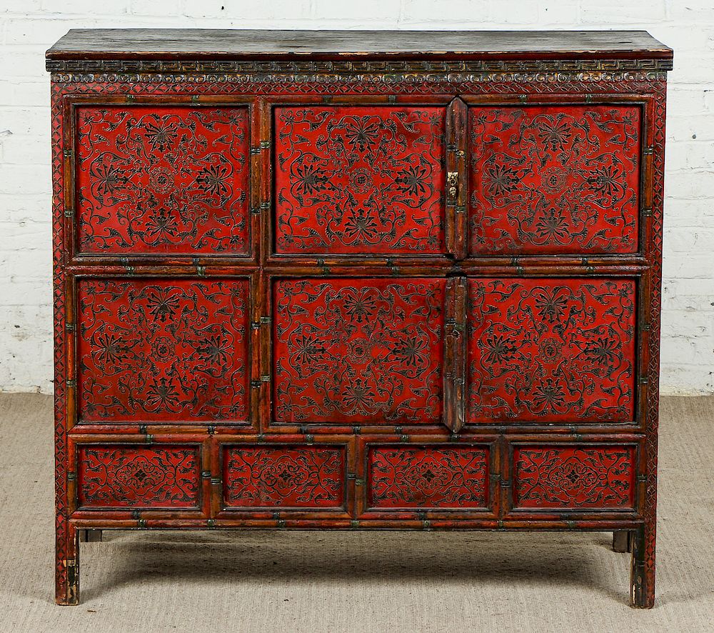 Appraisal: Fine Antique Tibetan Red Painted Wood Cabinet Fine Antique Tibetan