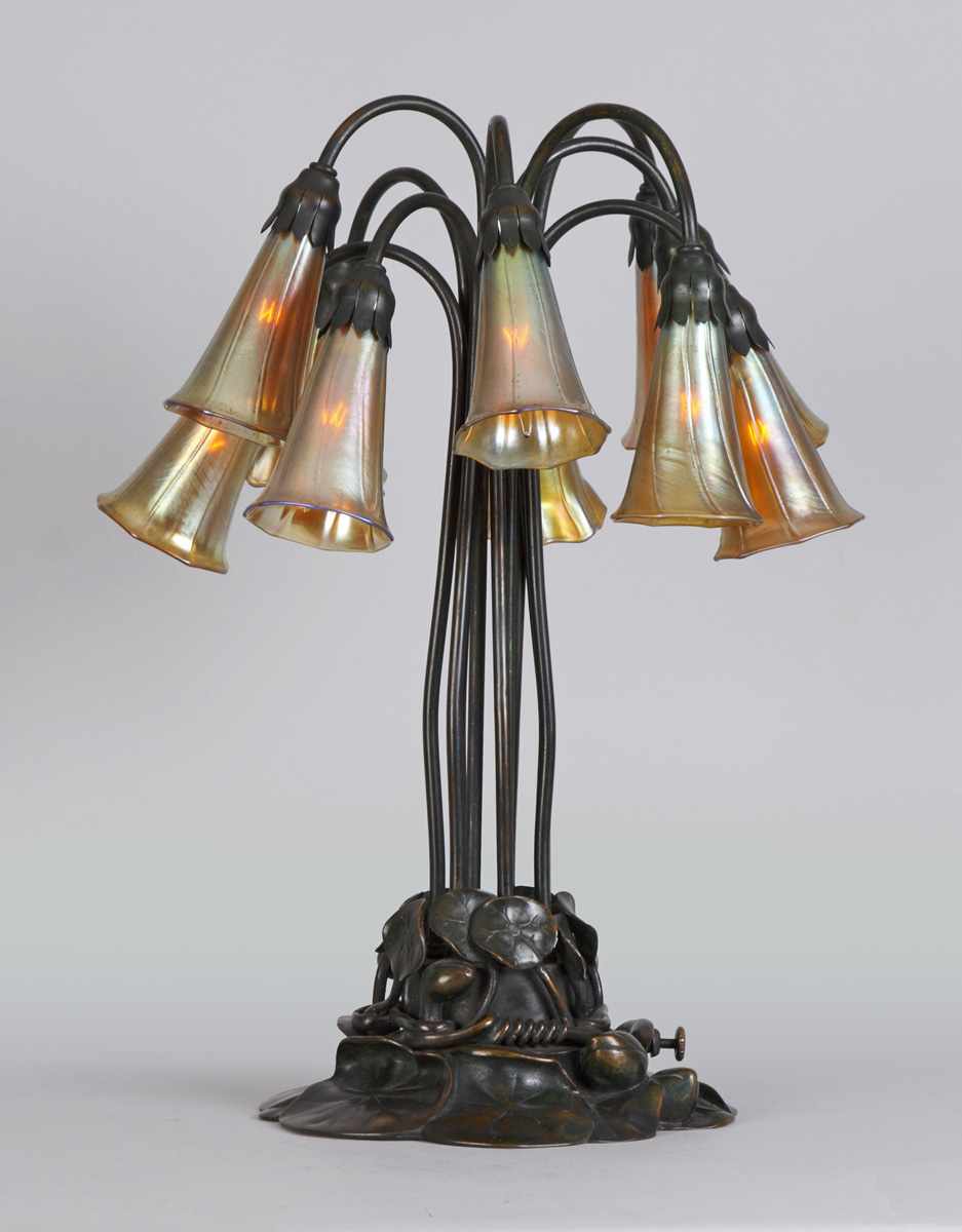 Appraisal: Tiffany Studios New York Light Lily Lamp Deep green brown