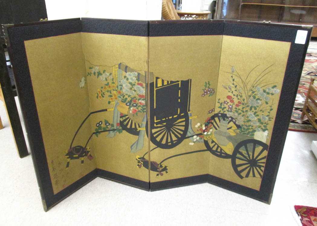 Appraisal: JAPANESE FOUR-PANEL FOLDING WALL SCREEN hand painted rickshaws and flowers