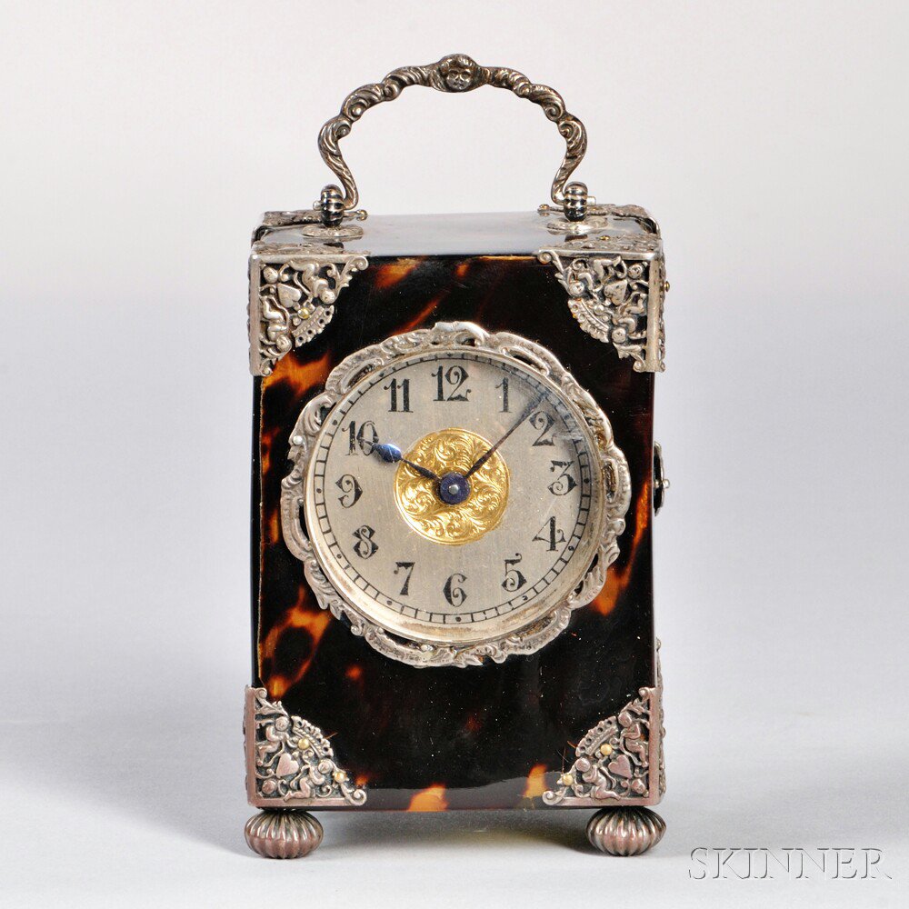 Appraisal: Miniature Tortoiseshell and Silver Carriage Clock France c the shell