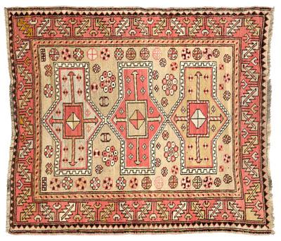 Appraisal: Kazak rug three central medallions on pale olive field ft