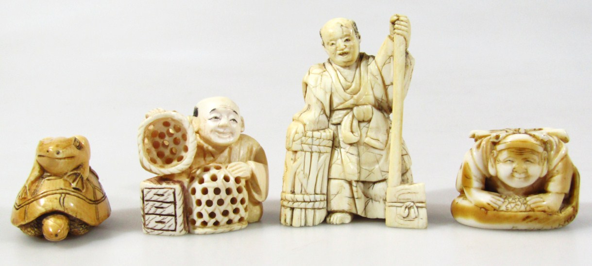 Appraisal: An early thC ivory netsuke formed as a crouched gentleman