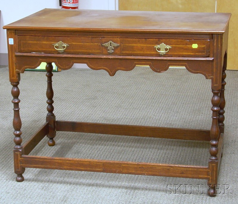 Appraisal: William Mary Style Inlaid Oak Side Table with Long Drawer