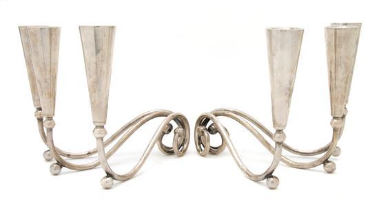 Appraisal: Pair of Sterling Silver Three-Light Candelabra of modern scrolling form