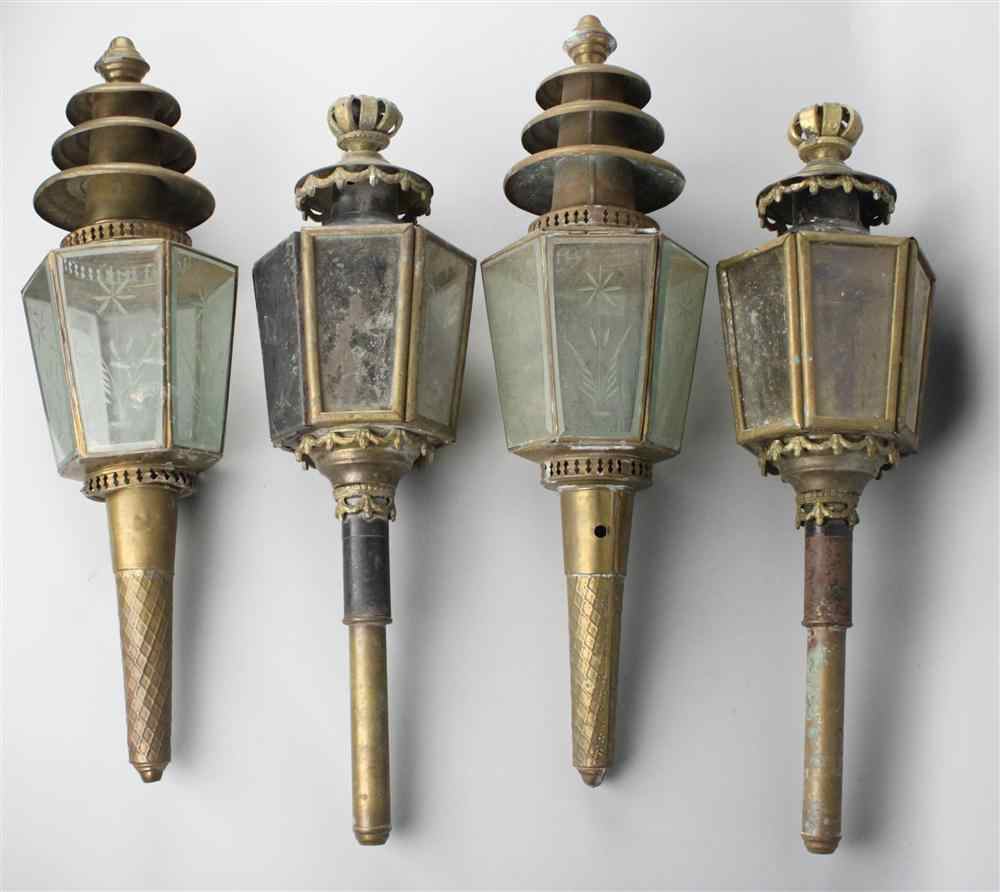 Appraisal: TWO PAIRS OF BRASS AND GLASS CARRIAGE LANTERNS one with