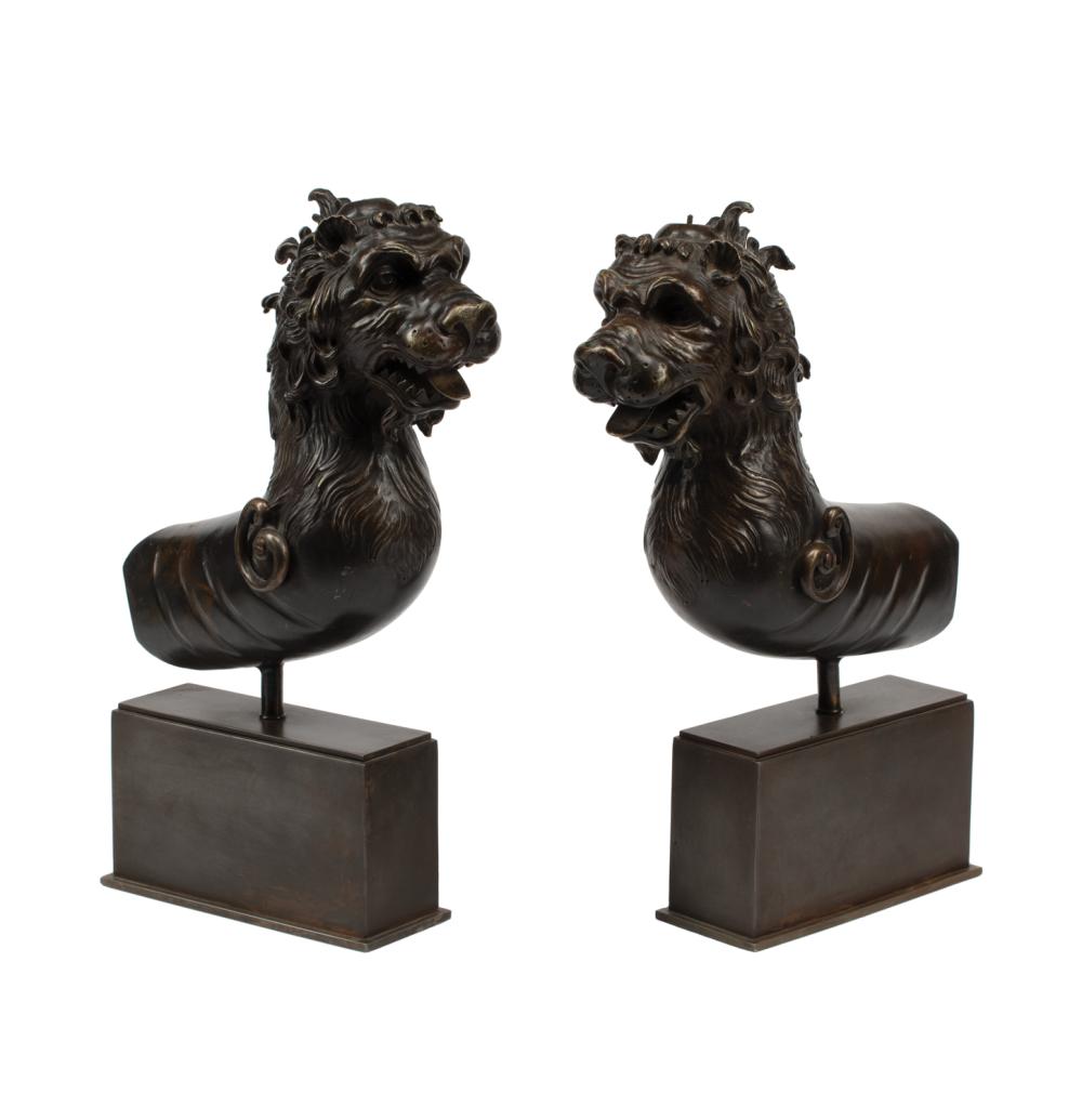 Appraisal: Pair of Renaissance-Style Patinated Bronze Lionheads bronze bases h in