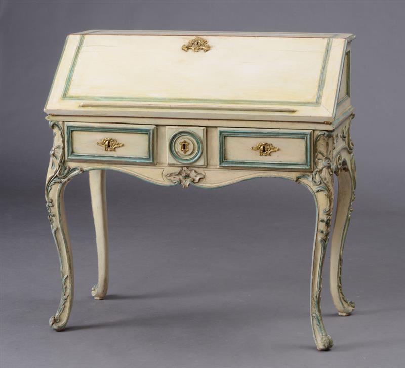 Appraisal: LOUIS XV PROVINCIAL WHITE AND BLUE-PAINTED BUREAU EN PENTE The