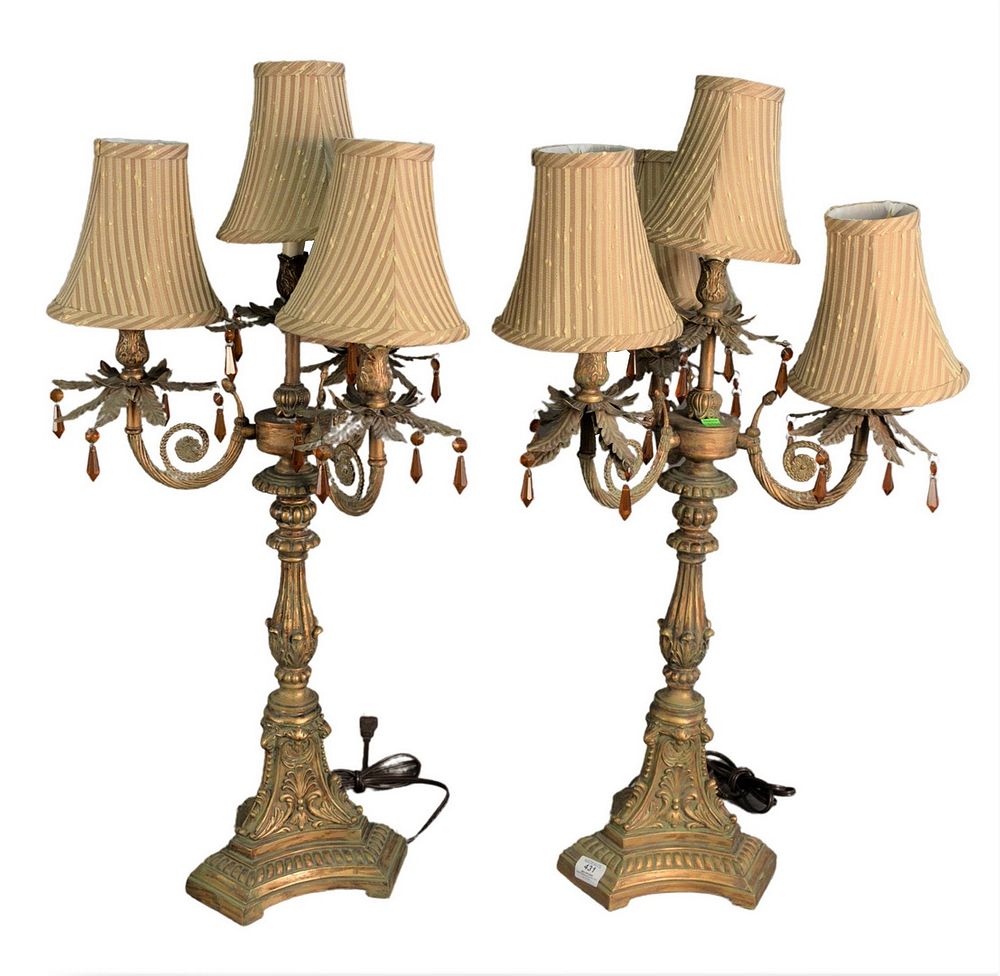 Appraisal: Pair of Four Light Candelabra Table Lamps having scrolling arms