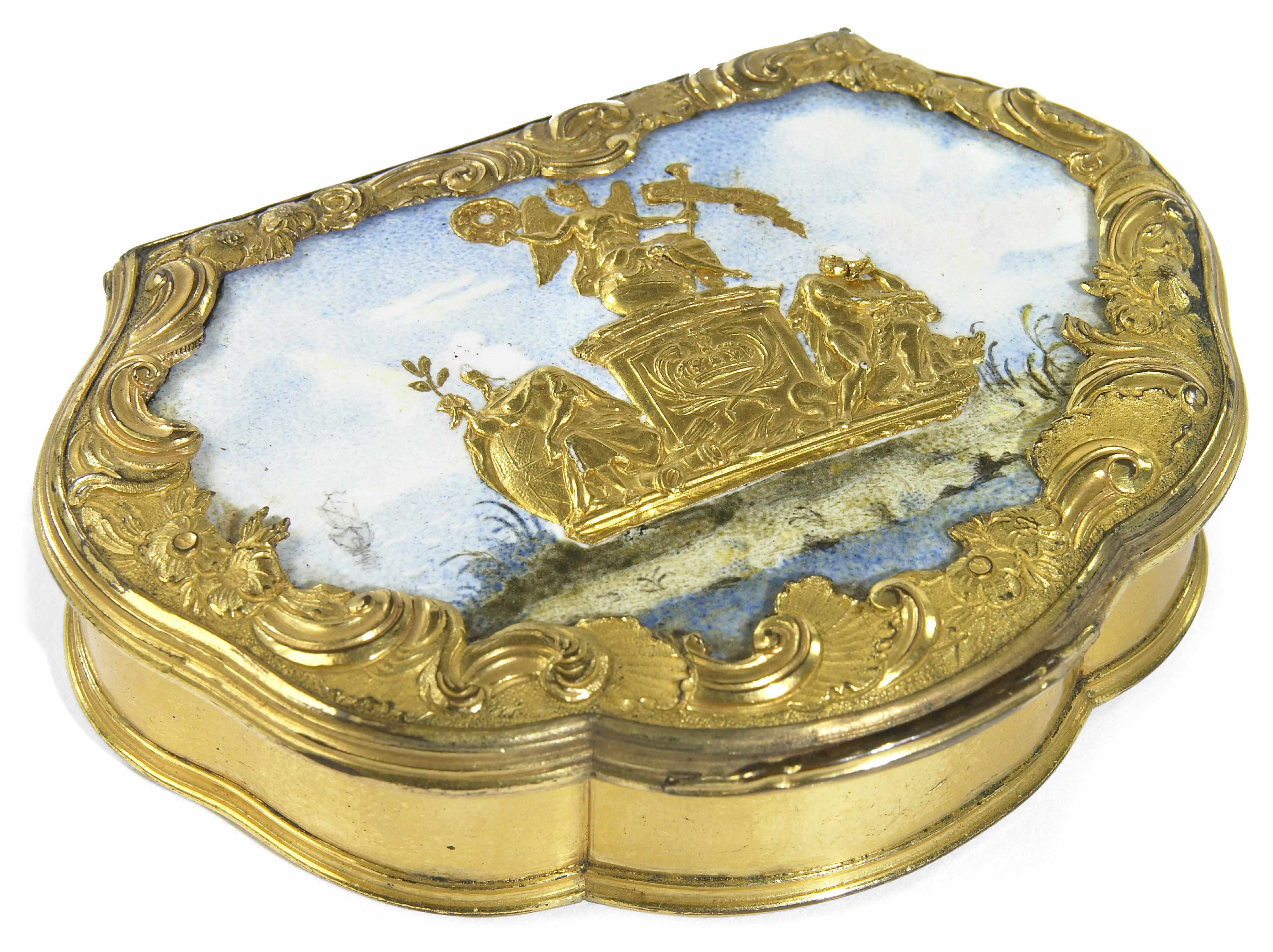 Appraisal: A Continental Rococo gilt metal and enamel snuff box mid