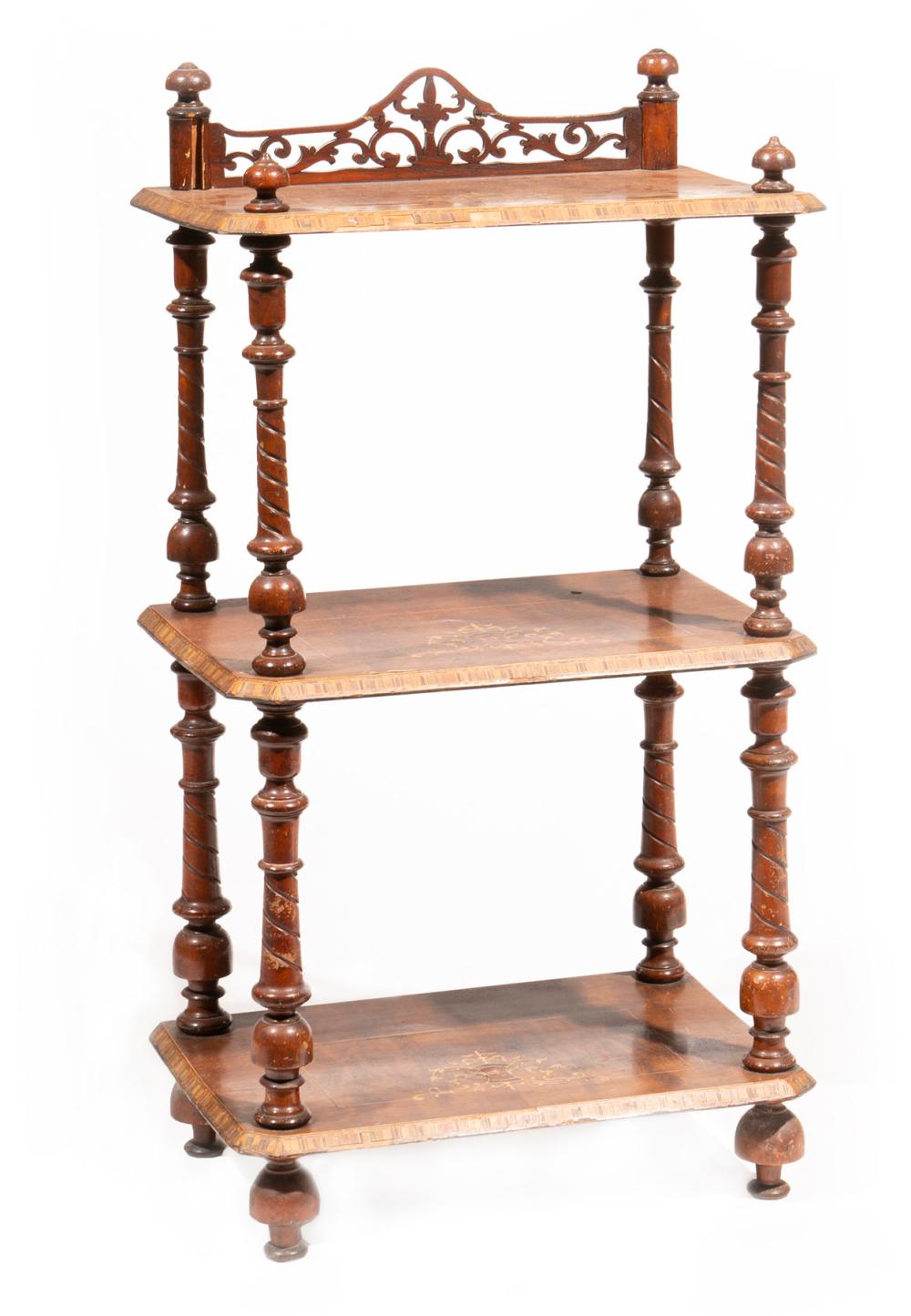 Appraisal: REGENCY INLAID BURL WALNUT THREE-TIER ETAGERELate Regency Inlaid Burl Walnut