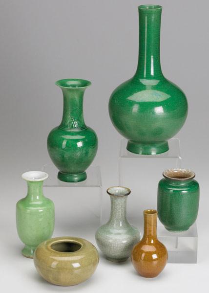 Appraisal: ASIAN VASES Grouping of seven Chinese pieces includes green glazed