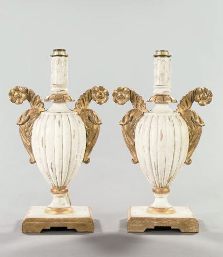 Appraisal: Pair of Italian Carved White-Painted and Parcel-Gilt Wooden Table Lamps