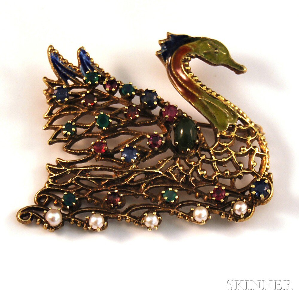 Appraisal: kt Gold Enamel Gemstone and Pearl Swan Brooch the openwork