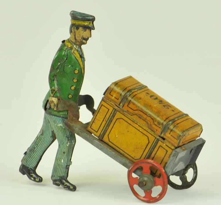 Appraisal: PORTER WITH LUGGAGE PENNY TOY Fischer Germany lithographed tin full