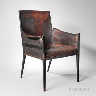 Appraisal: Attributed to Jean-Michel Frank - Armchair Wrought iron leather France