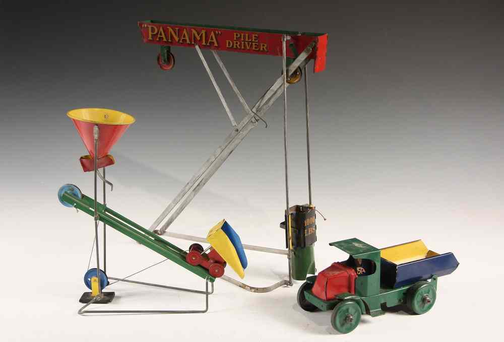 Appraisal: PAINTED TIN CONSTRUCTION TOYS - Three Circa Construction Toys by