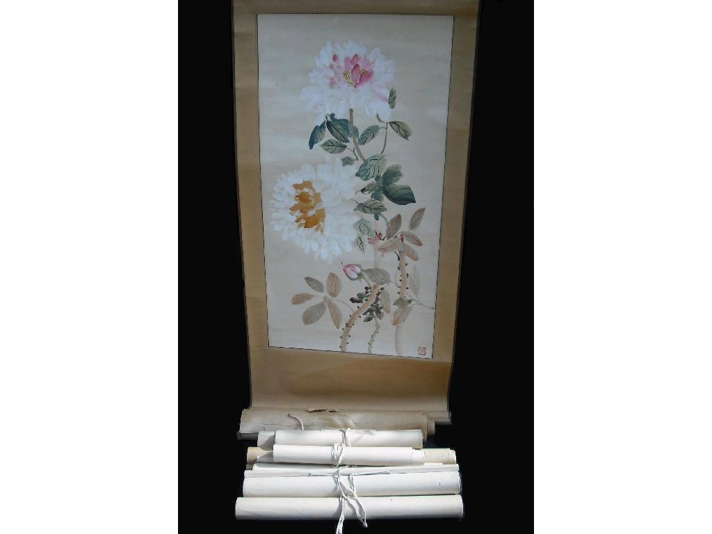 Appraisal: Nine various Chinese botanical painted scrolls