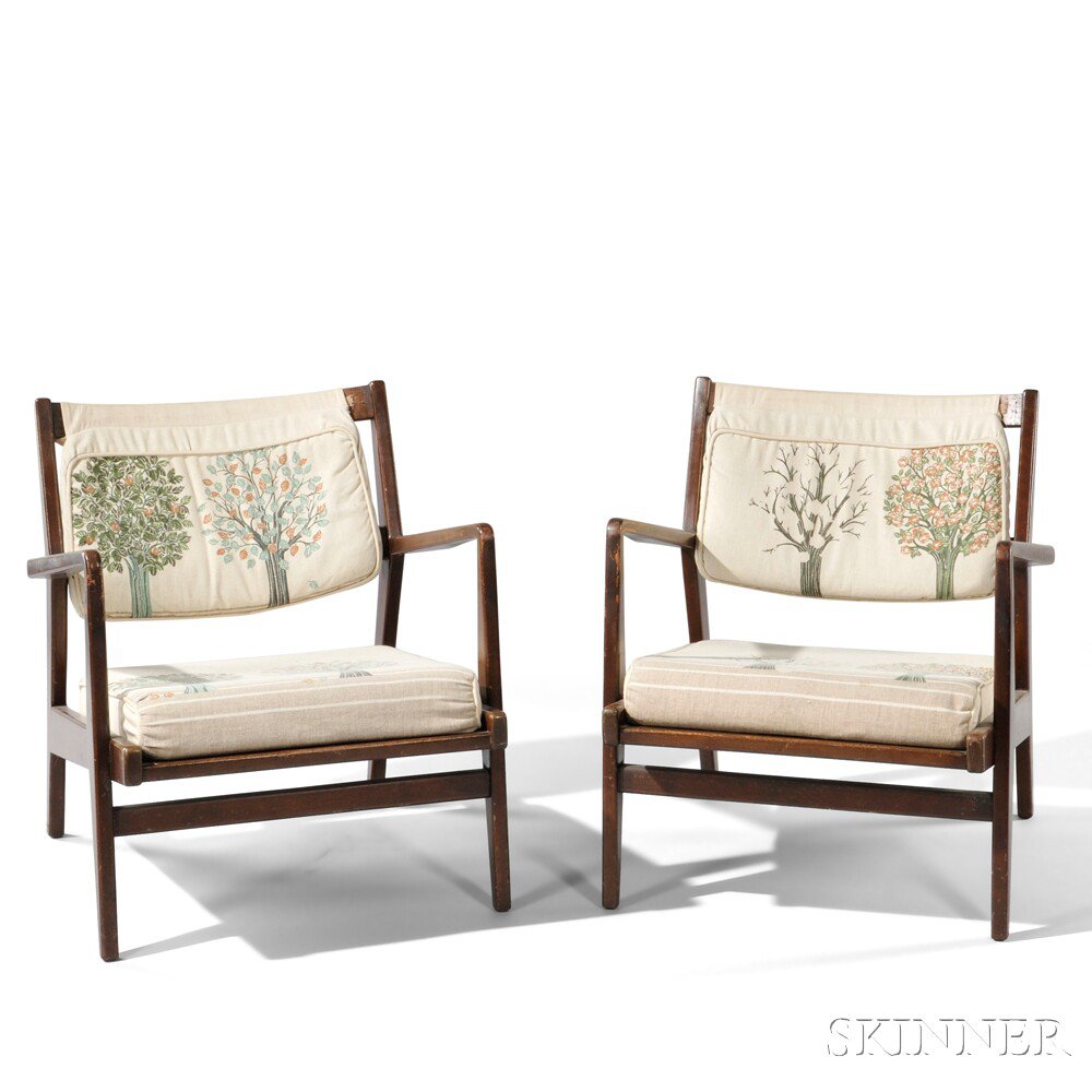 Appraisal: Pair of Jens Risom Lounge Chairs Walnut upholstery Mid- th