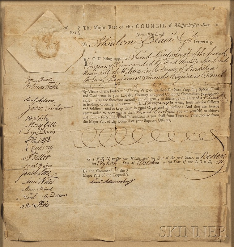 Appraisal: Revolutionary War Notables Massachusetts Signed document October one page commission