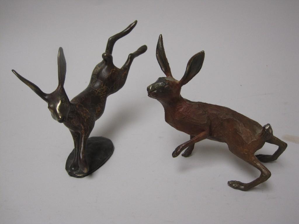 Appraisal: Two Michael Storey bronze Sculptures of Leaping Hare in and