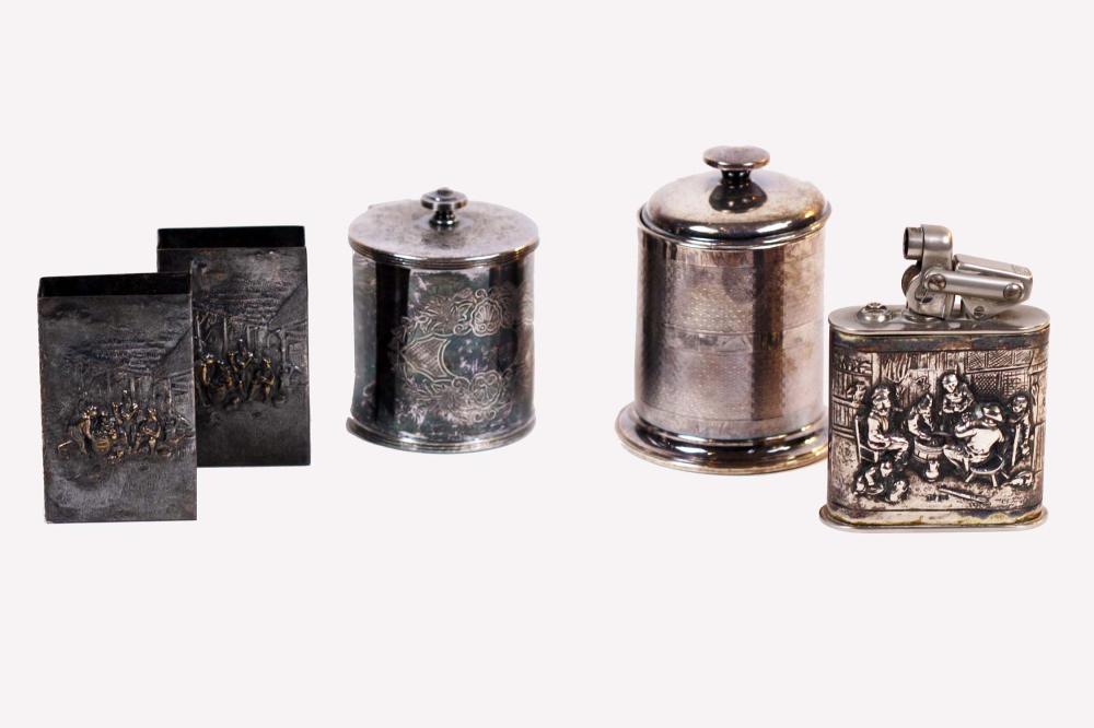 Appraisal: FIVE MISC SILVER SILVER PLATED TOBACCO ITEMSComprised of two repousse-decorated