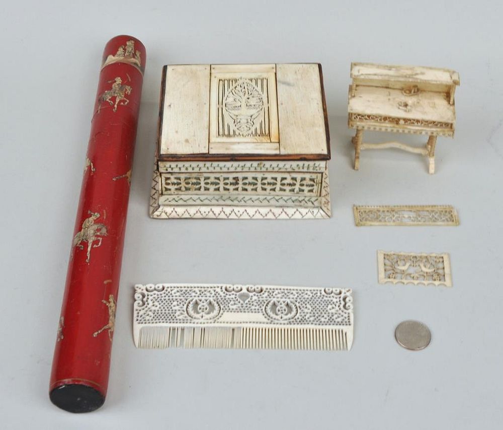 Appraisal: Estate Group Indo Persian Carved Bone Items including a pierce