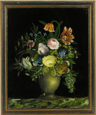 Appraisal: A reverse glass painting Still Life a vase of flowers