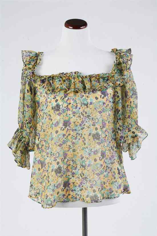 Appraisal: NANETTE LEPORE SILK FLORAL PEASANT TOP Size small Ruffled collar