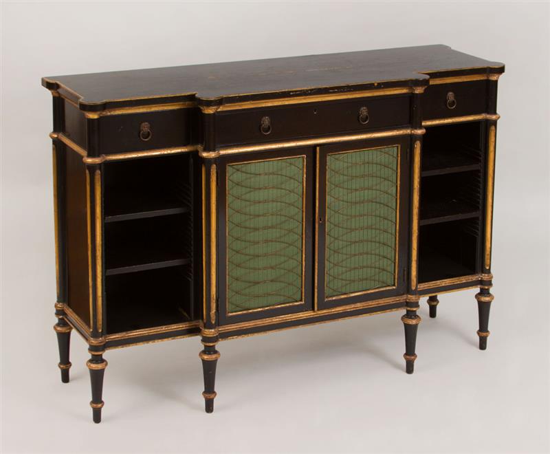 Appraisal: Regency Style Black and Gilt-Painted Cabinet x x in Property