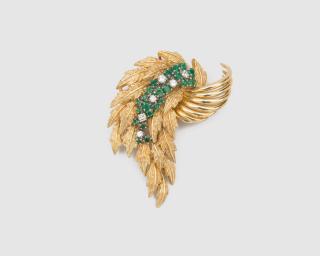 Appraisal: K Yellow Gold Emerald and Diamond Brooch K Yellow Gold