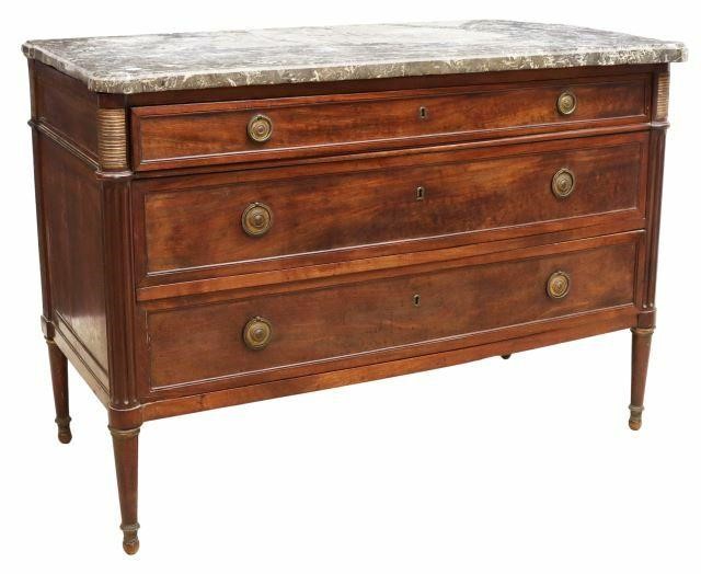 Appraisal: French Louis XVI style mahogany commode th c marble top