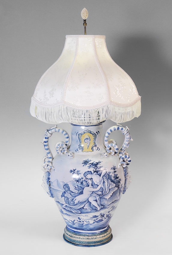 Appraisal: IMPRESSIVE ITALIAN FAIENCE SERPENT HANDLE DELFT STYLE LAMP A large