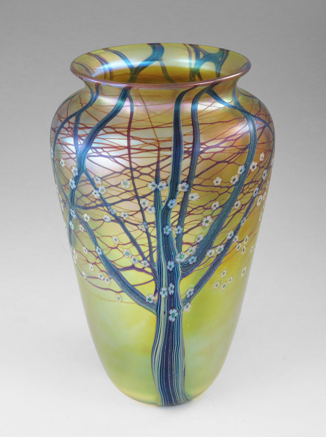 Appraisal: ORIENT FLUME HAWTHORNE ART GLASS VASE Features Hawthorne trees on