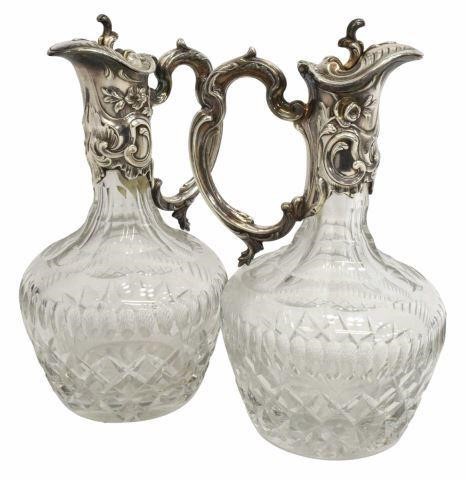 Appraisal: pair Heavy cut glass claret jugs with silver plate mounts